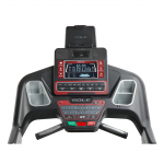 Console screen of the Sole F85 treadmill. The features includes 2 cup holders, multiple button functions, speakers, a mini fan and a tablet holder