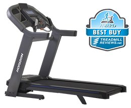 A side view angle of the Horizon 7.4 treadmill with a best by badge in the top right corner