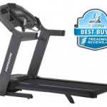 A side view angle of the Horizon 7.4 treadmill with a best buy badge in the top right