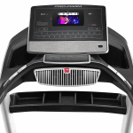 Console screen of the ProForm Smart Pro 2000 with an image of a man conducting a workout. The treadmill features a fan, several buttons, 2 cup holders and a speaker