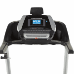 Console of the ProForm 705 CST. This features a digital screen, 2 speakers, 2 cup holders, a fan, a tablet holder and several buttons