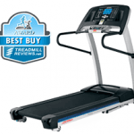 A side view angle of the Life Fitness F1 Smart Treadmill with best buy badge in the top left corner