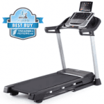 A side view angle of the Nordictrack C700 Treadmill with a best buy badge in the top left corner