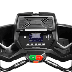 Console of the Bowflex Bowflex TC200 TreadClimber. The features include 2 cup holders, a speaker and several buttons