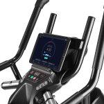 Console of the Bowflex Max Trainer M6. The trainer includes a cup holder, a speaker, a tablet holder and several buttons