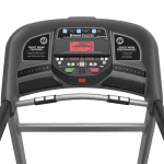 Console of the Horizon T202 Treadmill. This features a fan, a tablet holder and several buttons